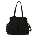 Borsa tote in tela nera alla moda con coulisse e doppie tasche ampie effetto opaco - Con Ciondolo / Nero