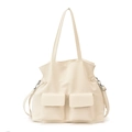 Borsa tote minimalista bianco crema in pelle PU testurizzata con tasche anteriori a patta - Con Ciondolo / Bianco