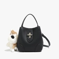 Chic black bucket bag in lychee pattern leather with silver lock and plush doll - With Pendant / Black
