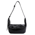 Glossy black underarm hobo bag with diagonal stitching and adjustable shoulder strap - Black