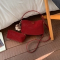 Elegant wine red leather shoulder bag set with bear charm and matching small pouch - With Bear Pendant / Red