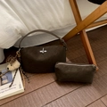 Dark brown faux suede underarm bag set with a silver clasp and plush dog charm - With Bear Pendant / Brown