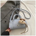 Light blue faux leather Boston bag with litchi texture and cute plush puppy charm - With Pendant / Blue