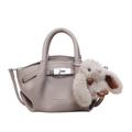 Grey pleated leather bucket bag with silver turn-lock and cute rabbit charm pendant - Grey With Pendant
