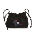 Minimalist black pleated cloud bag with horse embroidery and adjustable drawstring - Black