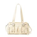 Sac à bandoulière chic crème en similicuir style biker avec poches et pompons - Blanc