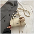 Cream white mini bowling handbag with cute dog charm and detachable shoulder strap - With Pendant / Off White