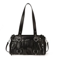 Sac à bandoulière noir brillant avec poches multiples, design plissé et détails argentés - Noir