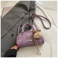 Deep purple faux suede boston bag with lamb wool charm and adjustable strap - With Pendant / Purple