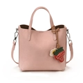 Pink vintage bucket bag for women with strawberry pendant and crossbody strap - With Charm / Pink