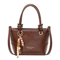 Dark brown retro bucket bag with gold lettering and colorful wooden bead tassel charm - Brown