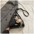 Retro black PU leather Boston bag with a cute teddy bear charm and silver logo plate - With Pendant / Black