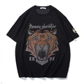 T-shirt noir pour homme avec motif tigre en strass et coupe épaules tombantes - 2XL / Noir