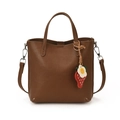 Brown faux leather bucket bag with top handle and a cute strawberry charm accessory - With Charm / Brown