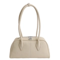 Bolso Boston minimalista en cuero granulado beige con cremalleras y asa superior - Blanco