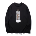Men's loose black cotton long sleeve T-shirt with Ideas Come After Coffee print - XL / Black