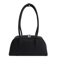 Chic black Boston bag in lychee pattern leather with long shoulder straps and silver zippers - Black