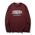 Men's loose long sleeve cotton T-shirt in deep red with retro chest letter print - Brown Red