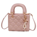 Pale pink quilted crossbody bag with star studs and pearl bow pendant decoration - Pink
