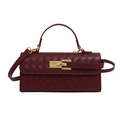 Elegant wine red woven crossbody bag with gold buckle and circular top handle - Burgundy