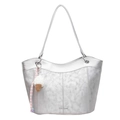Bolso tote de cuero sintético plateado metalizado con textura agrietada y adorno - Con Colgante / Plateado