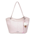 Pink faux leather tote bag with long straps and a knit ice cream charm accessory - Pink