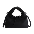 Minimalist black lychee texture handbag with plush handle and silver metal hardware - Black
