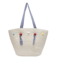 Minimalistische Stroh-Tasche mit blau gestreiften Griffen und bunten Pompons - Gebrochenes Weiß