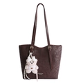 Dark brown retro leather tote bag with long straps and a cute plush bear pendant - With Pendant / Brown