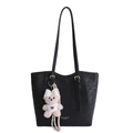 Black vintage leather tote bag with long shoulder straps and a cute teddy bear charm - With Pendant / Black