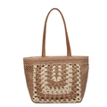 Sac fourre-tout en paille marron et crème avec motif géométrique et anses en cuir - Kaki