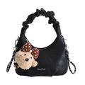 Bolso hobo negro fruncido con colgante de osito de peluche y cadena plateada - Negro