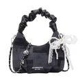 Bolso hobo gris oscuro con cadena de perlas, lazo de encaje blanco y asa fruncida - Con Colgante / Negro