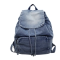Blue denim canvas backpack with retro wash effect, drawstring closure and large capacity - Light Blue