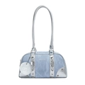 Light blue bowling bag with pleated leather texture and silver metallic handles - Blue