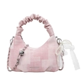 Bolso de lona rosa con asa de cuero plisada y amuleto de encaje de perlas - Con Colgante / Rosa