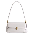 Minimalist white faux leather shoulder bag with vintage gold buckle and brown edge trim - White