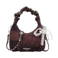 Retro dark brown dumpling bag with pleated handle, lace bow, and pearl charm detail - Brown