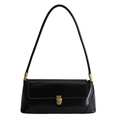 Chic black glossy leather baguette shoulder bag with vintage gold metal buckle closure - Black