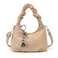 Beige floral embroidered handbag with pleated handle and heart charms - With Pendant / Off White