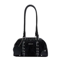 Chic black bowling bag in pleated fabric with silver eyelets and lacing details - Black
