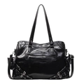 Borsa tote nera stile motociclista in ecopelle lucida con rivetti e tracolla rimovibile - Nero