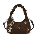 Dark brown star embroidered dumpling bag with scrunchie handle and retro charms - Brown