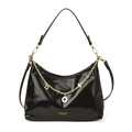 Schicke schwarze Lackleder-Halbmondtasche mit goldener Kette und Anhängern - Schwarz