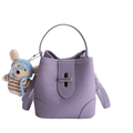 Purple bucket bag in lychee texture PU leather with cute dog plush keychain and silver lock - With Charm / Purple