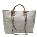 Bolso tote tejido beige con ribete camel y correa de cadena plateada para el hombro - Caqui