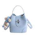Light blue bucket bag with lychee texture and cute bear charm with shoulder strap - With Charm / Blue