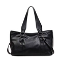 Bolso tote minimalista de cuero negro con hebillas plateadas y dos asas superiores - Negro