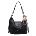 Versatile black PU leather hobo bag with teddy bear charm and adjustable straps - With Pendant / Black