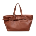 Brown vintage large capacity faux leather tote bag with decorative straps and silver buckles - Brown